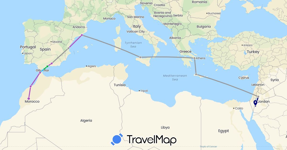 TravelMap itinerary: driving, bus, plane, train, boat in Spain, Gibraltar, Greece, Italy, Jordan, Morocco (Africa, Asia, Europe)